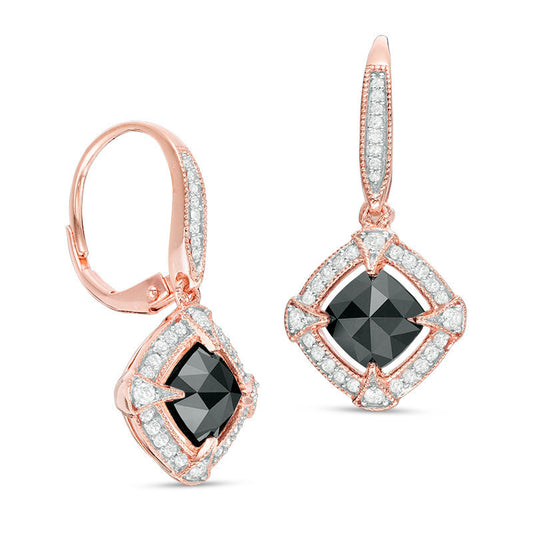 2.38 CT. T.W. Cushion-Cut Enhanced Black and White Diamond Frame Vintage-Style Drop Earrings in 10K Rose Gold