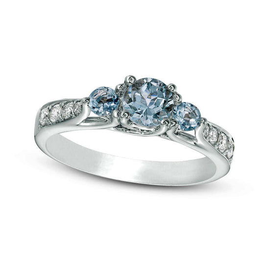 Aquamarine and 0.17 CT. T.W. Natural Diamond Three Stone Ring in Solid 10K White Gold