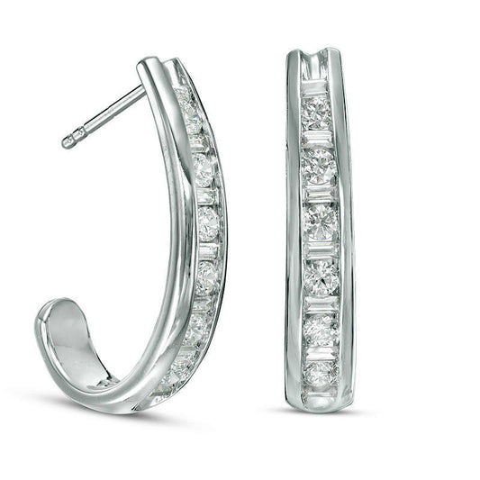 1 CT. T.W. Baguette and Round Diamond J-Hoop Earrings in 14K White Gold