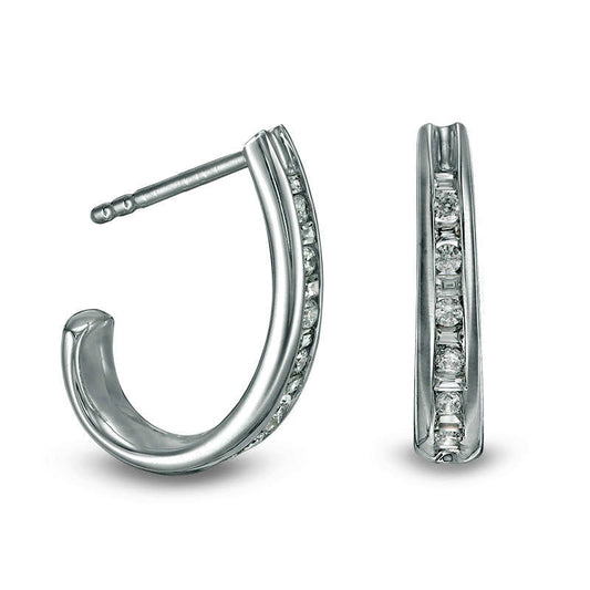 0.25 CT. T.W. Baguette and Round Diamond J-Hoop Earrings in 14K White Gold