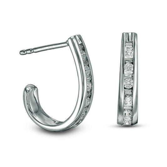 0.5 CT. T.W. Baguette and Round Diamond J-Hoop Earrings in 14K White Gold