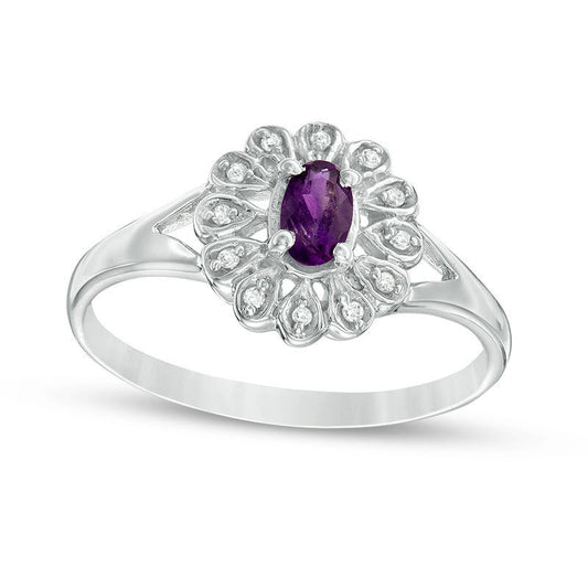 Oval Amethyst and 0.05 CT. T.W. Natural Diamond Flower Frame Ring in Sterling Silver