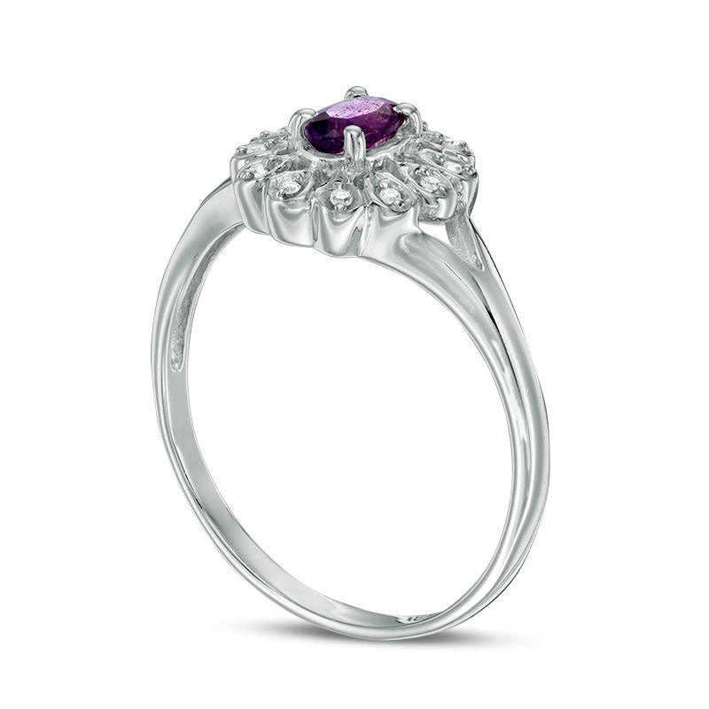 Oval Amethyst and 0.05 CT. T.W. Natural Diamond Flower Frame Ring in Sterling Silver