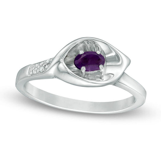 Oval Amethyst and Natural Diamond Accent Calla Lily Ring in Sterling Silver