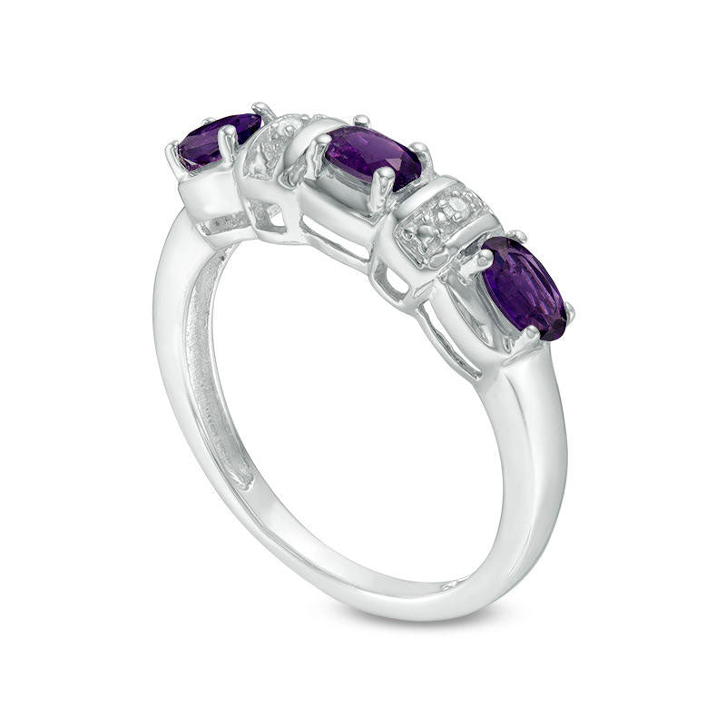 Sideways Oval Amethyst and Natural Diamond Accent Three Stone Station Ring in Sterling Silver
