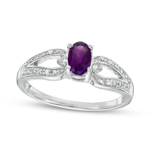 Oval Amethyst and Natural Diamond Accent Split Shank Ring in Sterling Silver