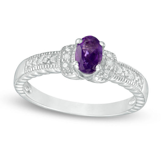 Oval Amethyst and Natural Diamond Accent Collar Antique Vintage-Style Ring in Sterling Silver