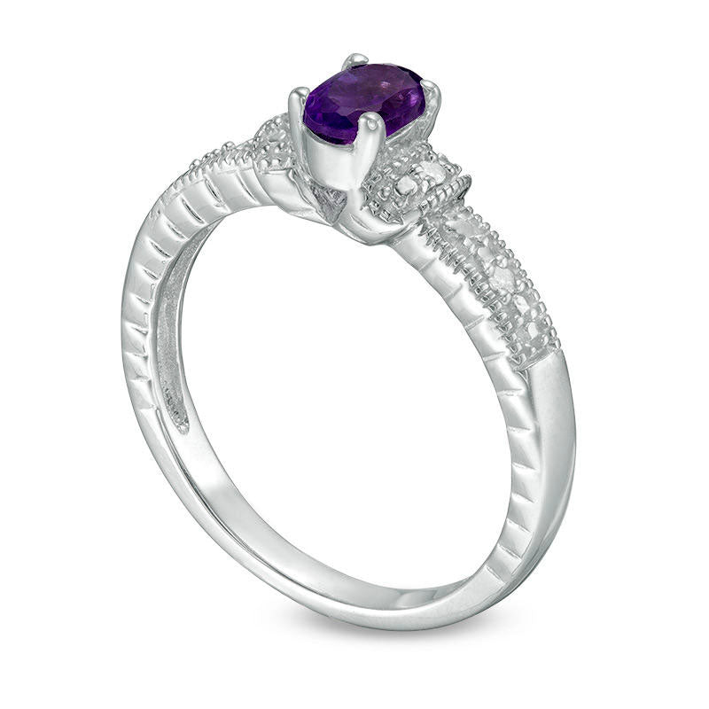 Oval Amethyst and Natural Diamond Accent Collar Antique Vintage-Style Ring in Sterling Silver