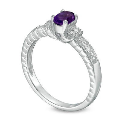 Oval Amethyst and Natural Diamond Accent Collar Antique Vintage-Style Ring in Sterling Silver