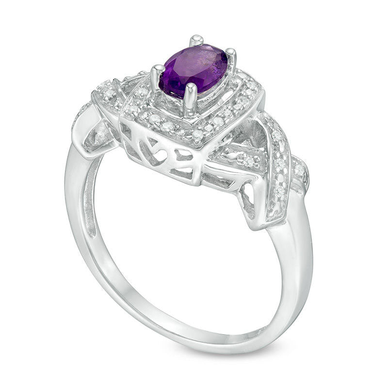 Oval Amethyst and 0.05 CT. T.W. Natural Diamond Cushion Frame Twist Ring in Sterling Silver