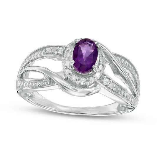 Oval Amethyst and Natural Diamond Accent Frame Bypass Ring in Sterling Silver