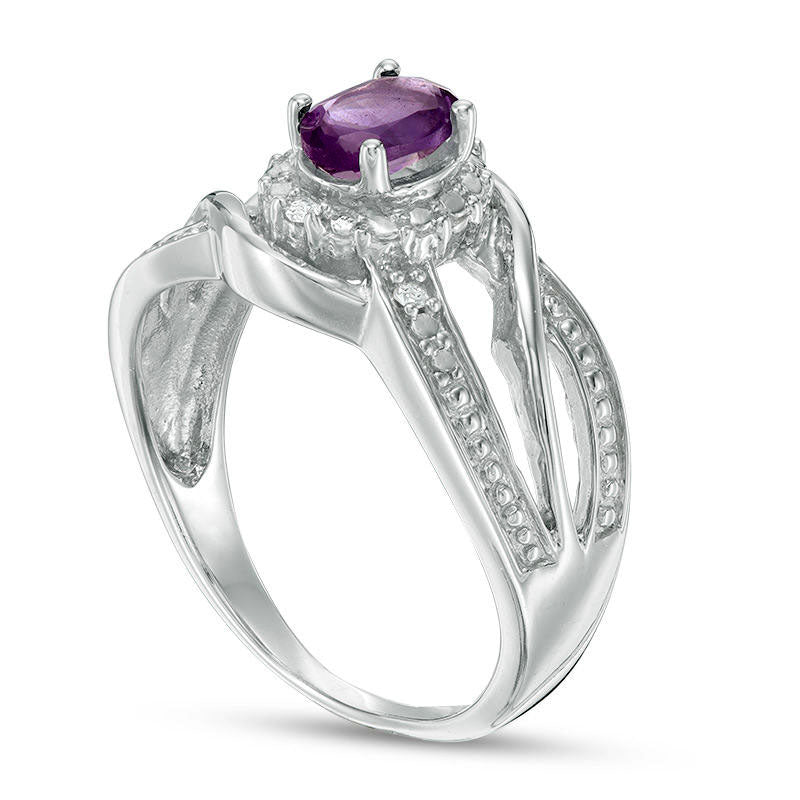 Oval Amethyst and Natural Diamond Accent Frame Bypass Ring in Sterling Silver