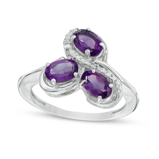 Oval Amethyst and Natural Diamond Accent Three Stone Swirl Ring in Sterling Silver