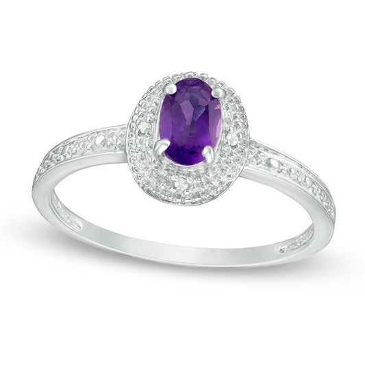 Oval Amethyst and Natural Diamond Accent Frame Antique Vintage-Style Ring in Sterling Silver