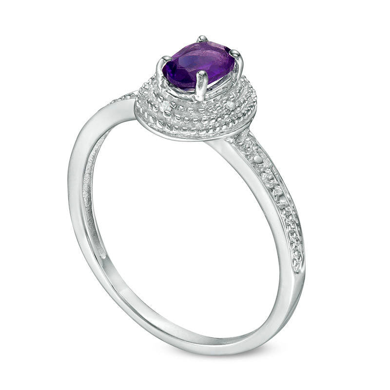 Oval Amethyst and Natural Diamond Accent Frame Antique Vintage-Style Ring in Sterling Silver