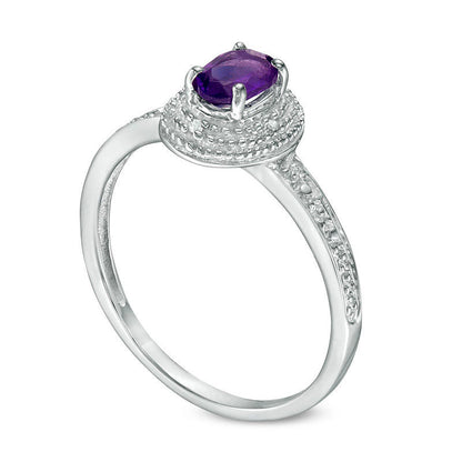 Oval Amethyst and Natural Diamond Accent Frame Antique Vintage-Style Ring in Sterling Silver