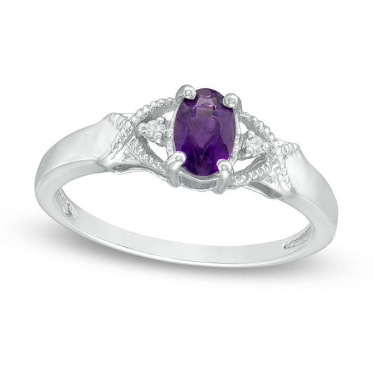 Oval Amethyst and Natural Diamond Accent Twist Antique Vintage-Style Ring in Sterling Silver