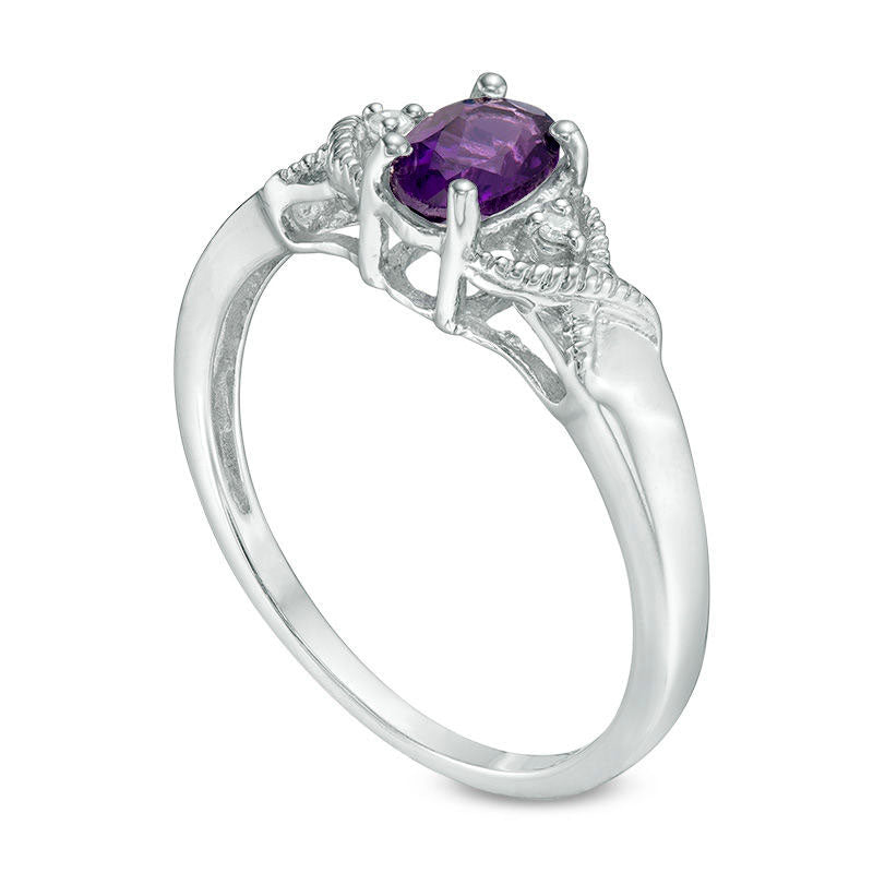 Oval Amethyst and Natural Diamond Accent Twist Antique Vintage-Style Ring in Sterling Silver