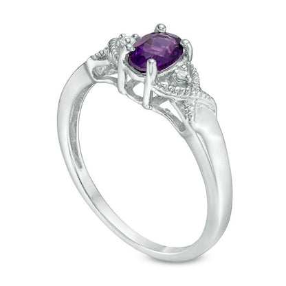 Oval Amethyst and Natural Diamond Accent Twist Antique Vintage-Style Ring in Sterling Silver