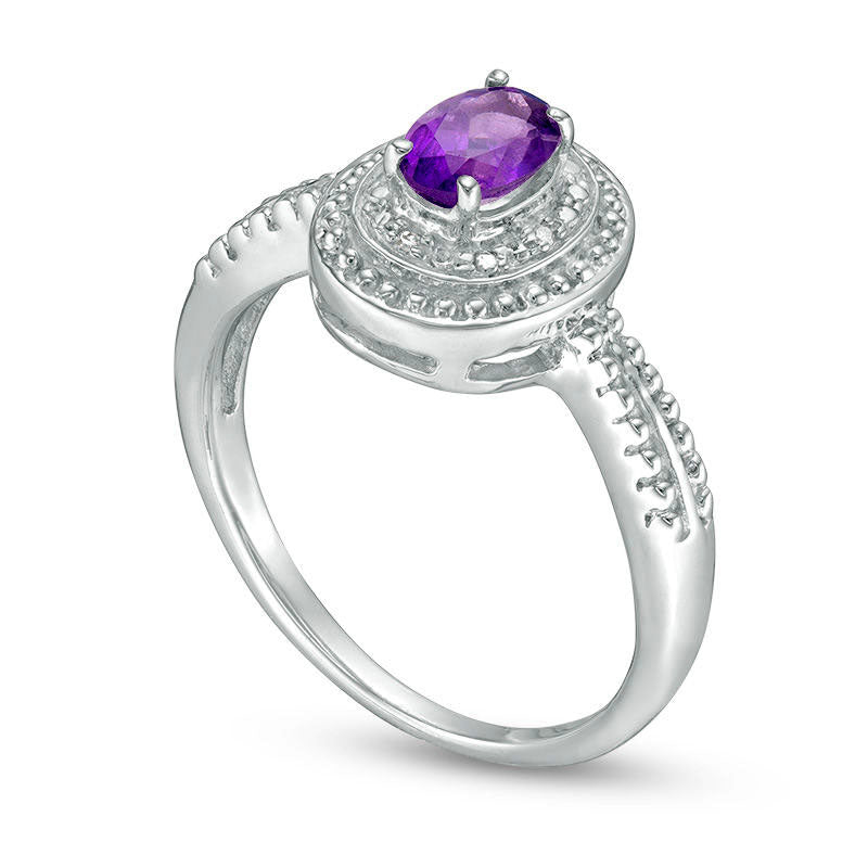 Oval Amethyst and Natural Diamond Accent Frame Ring in Sterling Silver