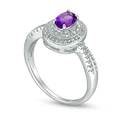 Oval Amethyst and Natural Diamond Accent Frame Ring in Sterling Silver