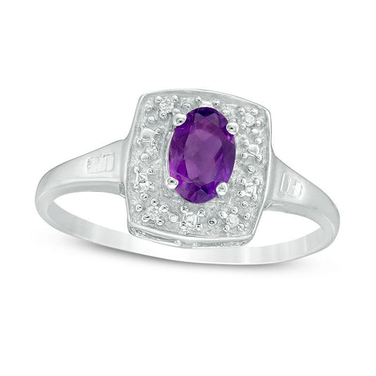 Oval Amethyst and Natural Diamond Accent Cushion Frame Ring in Sterling Silver