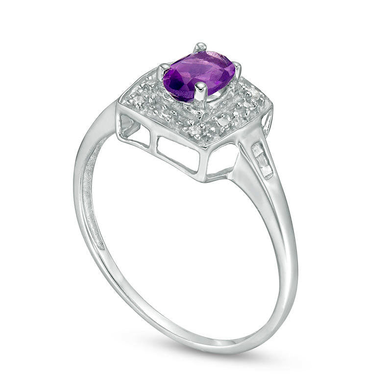 Oval Amethyst and Natural Diamond Accent Cushion Frame Ring in Sterling Silver