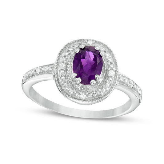 Oval Amethyst and Natural Diamond Accent Frame Antique Vintage-Style Ring in Sterling Silver