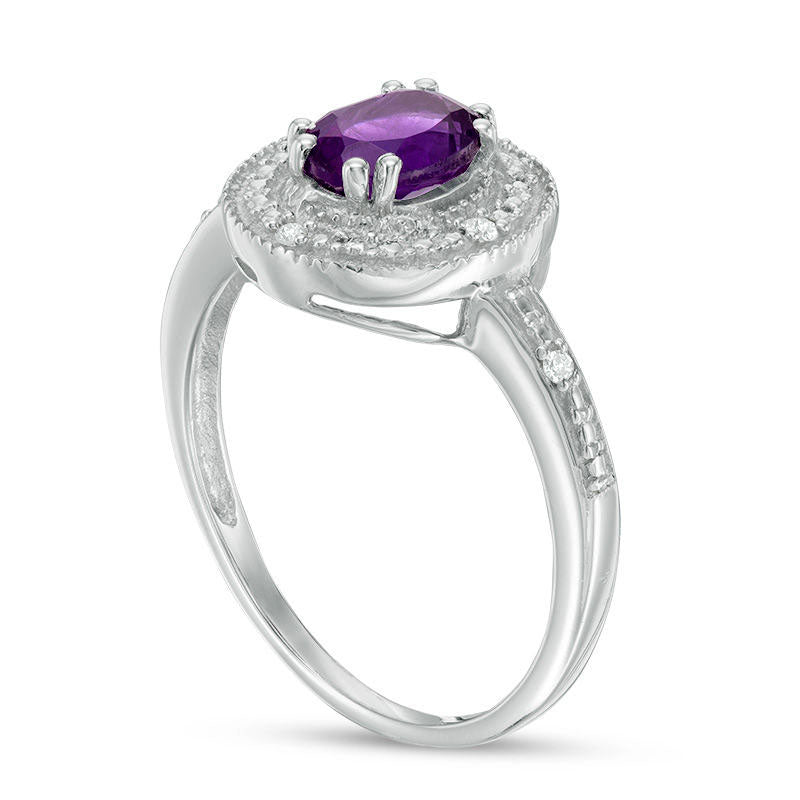 Oval Amethyst and Natural Diamond Accent Frame Antique Vintage-Style Ring in Sterling Silver