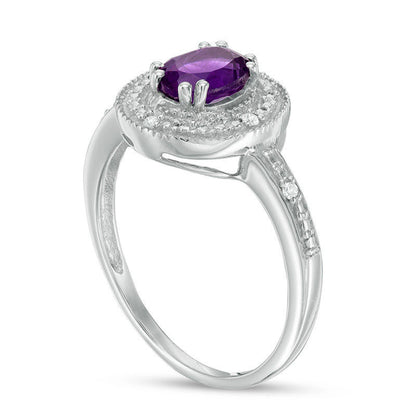 Oval Amethyst and Natural Diamond Accent Frame Antique Vintage-Style Ring in Sterling Silver