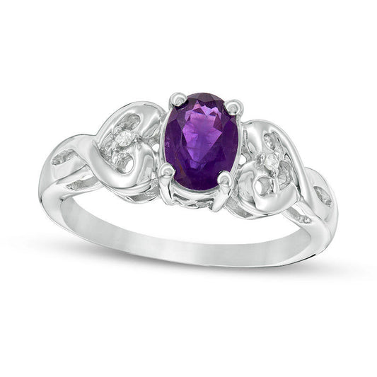 Oval Amethyst and Natural Diamond Accent Heart-Sides Ring in Sterling Silver
