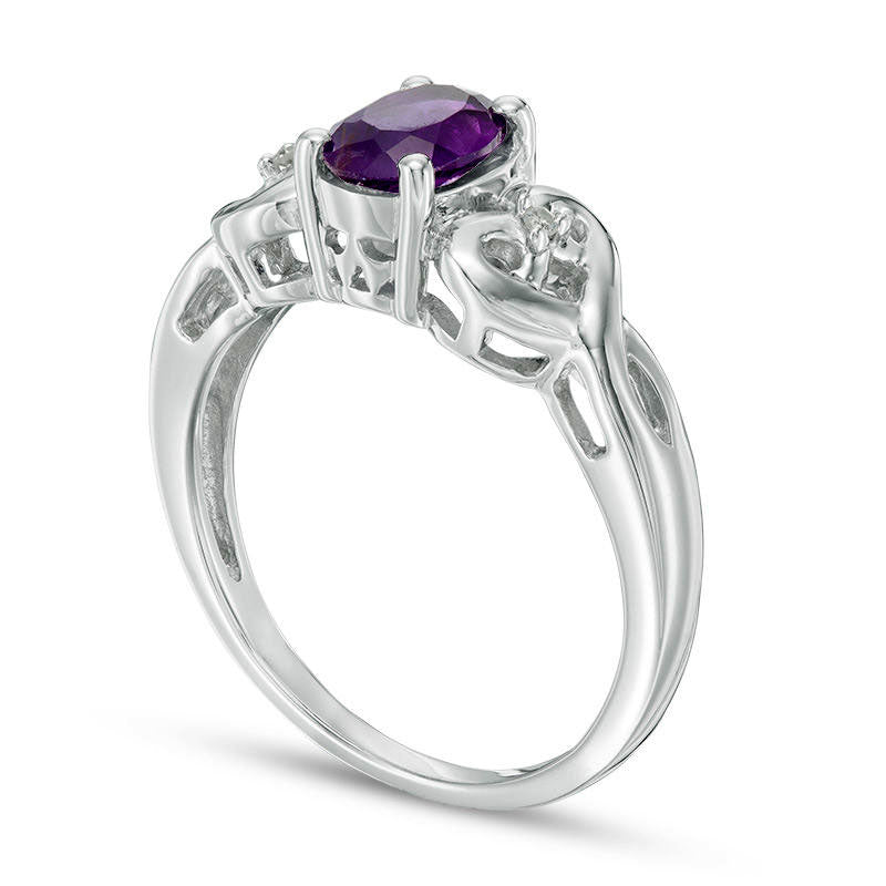 Oval Amethyst and Natural Diamond Accent Heart-Sides Ring in Sterling Silver