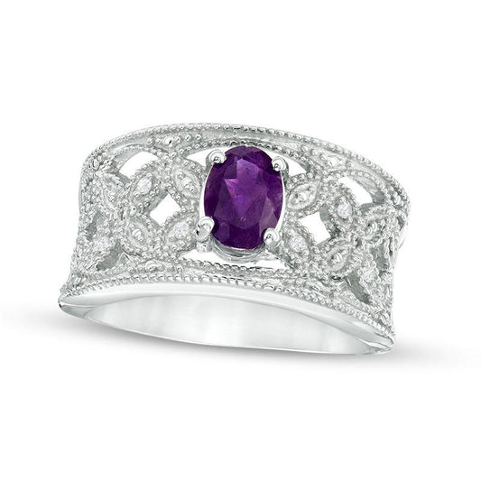Oval Amethyst and Natural Diamond Accent Antique Vintage-Style Ring in Sterling Silver