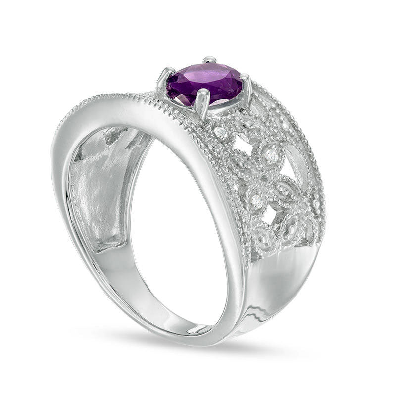 Oval Amethyst and Natural Diamond Accent Antique Vintage-Style Ring in Sterling Silver