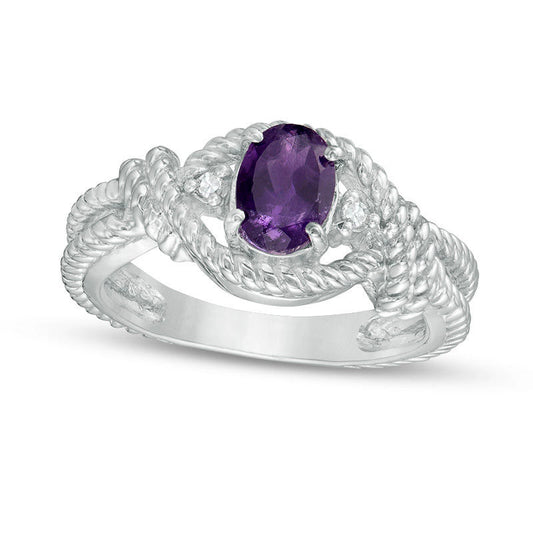 Oval Amethyst and Natural Diamond Accent Bypass Roped Shank Ring in Sterling Silver