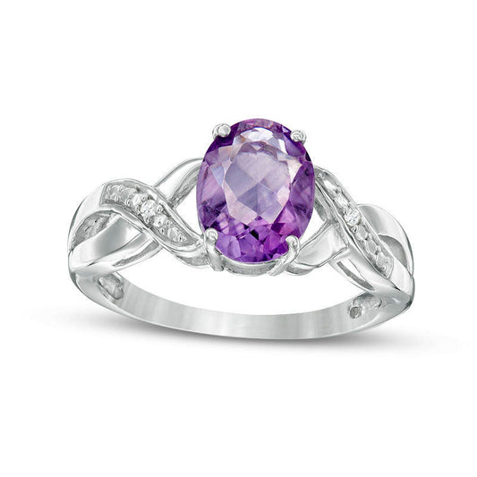 Oval Amethyst and Natural Diamond Accent Twist Ring in Sterling Silver