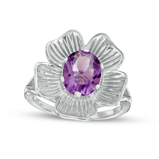 Oval Amethyst Solitaire Flower Ring in Sterling Silver