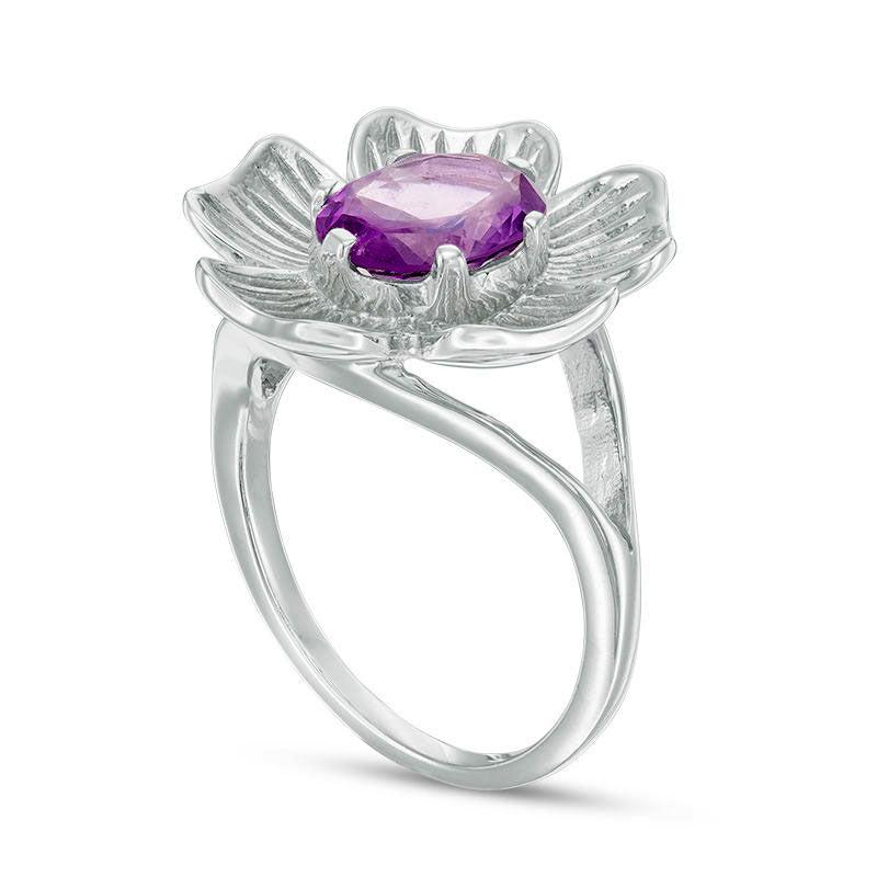 Oval Amethyst Solitaire Flower Ring in Sterling Silver