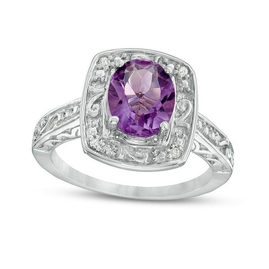 Oval Amethyst and Natural Diamond Accent Cushion Frame Ring in Sterling Silver