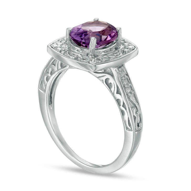Oval Amethyst and Natural Diamond Accent Cushion Frame Ring in Sterling Silver