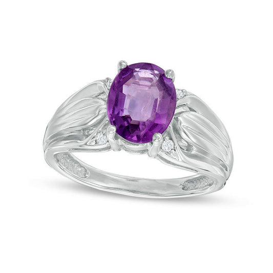 Oval Amethyst and 0.05 CT. T.W. Natural Diamond Ring in Sterling Silver