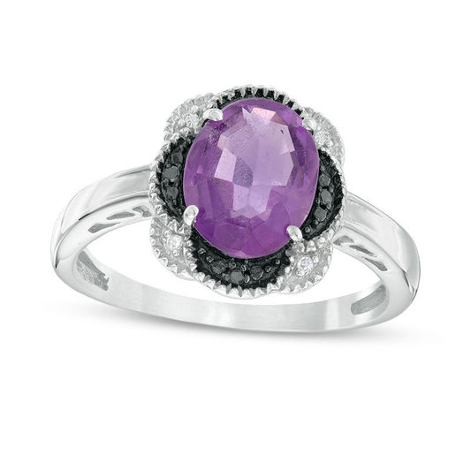 Oval Amethyst and Enhanced Black and White Natural Diamond Accent Flower Frame Antique Vintage-Style Ring in Sterling Silver
