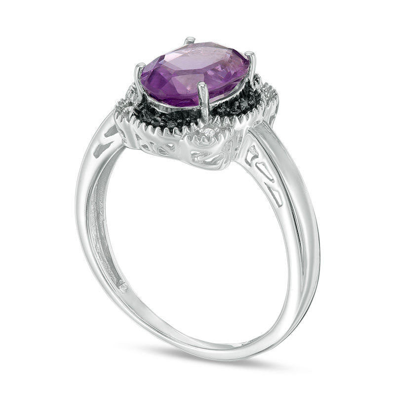Oval Amethyst and Enhanced Black and White Natural Diamond Accent Flower Frame Antique Vintage-Style Ring in Sterling Silver