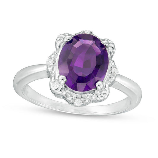 Oval Amethyst and Natural Diamond Accent Scallop Frame Ring in Sterling Silver