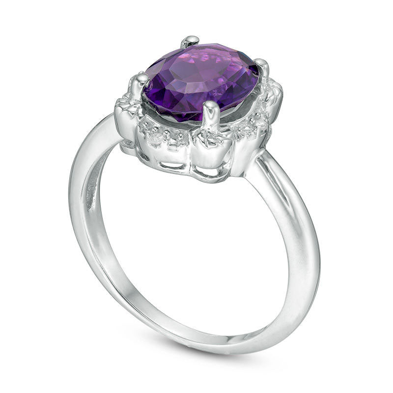 Oval Amethyst and Natural Diamond Accent Scallop Frame Ring in Sterling Silver