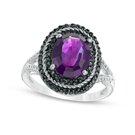 Oval Amethyst and Enhanced Black Natural Diamond Accent Rope-Textured Triple Frame Ring in Sterling Silver