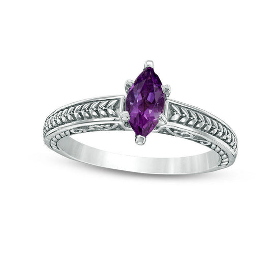 Marquise Amethyst Leaf Shank Ring in Sterling Silver