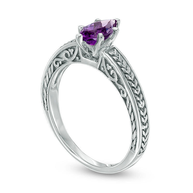 Marquise Amethyst Leaf Shank Ring in Sterling Silver