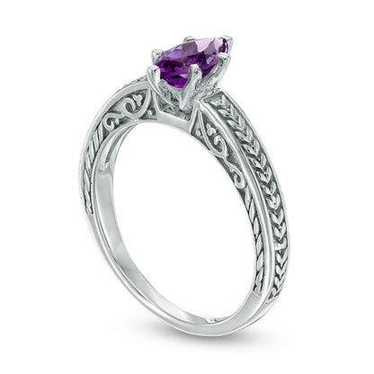 Marquise Amethyst Leaf Shank Ring in Sterling Silver