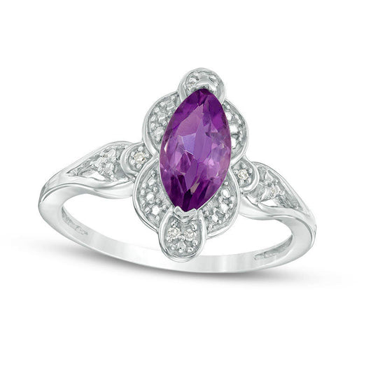Marquise Amethyst and Natural Diamond Accent Scallop Frame Ring in Sterling Silver